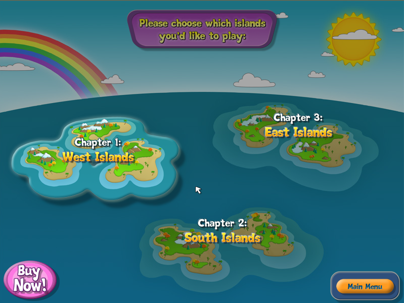 FizzBall (Linux) screenshot: Select the island group to start from. Initially, only the West Islands are available.