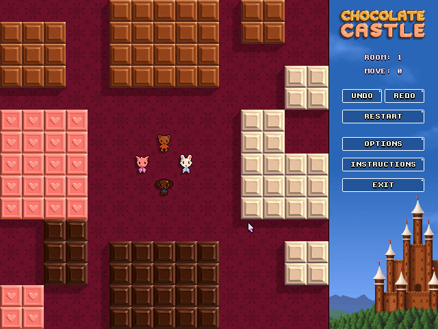Chocolate Castle (Windows) screenshot: Piece of cake, slide the blocks together and eat them