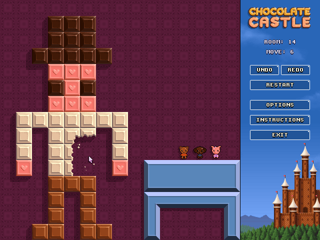 Chocolate Castle (Windows) screenshot: Easy room 14 "Don't eat me! aaargh!!"