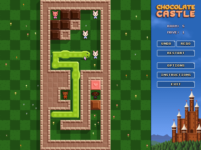 Chocolate Castle (Windows) screenshot: Medium room 5, a snake is eating the bunnies