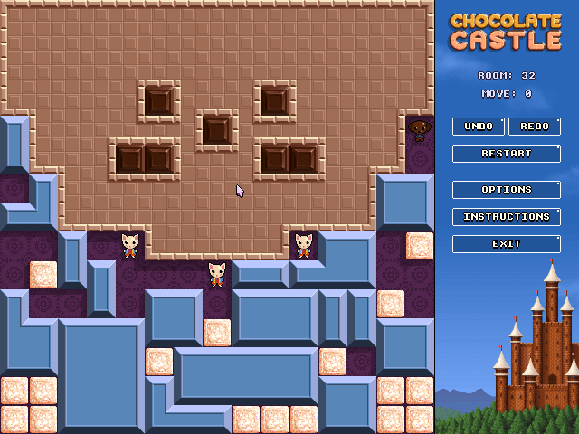 Chocolate Castle (Windows) screenshot: Medium 32, use the Turkish delight to blast through the wall