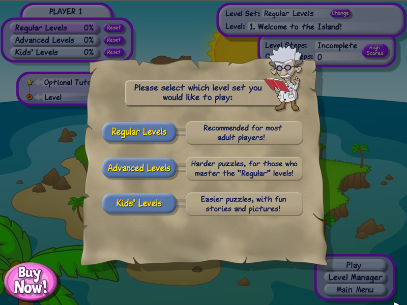 Professor Fizzwizzle and the Molten Mystery (Linux) screenshot: Select regular, advanced or kids' levels.