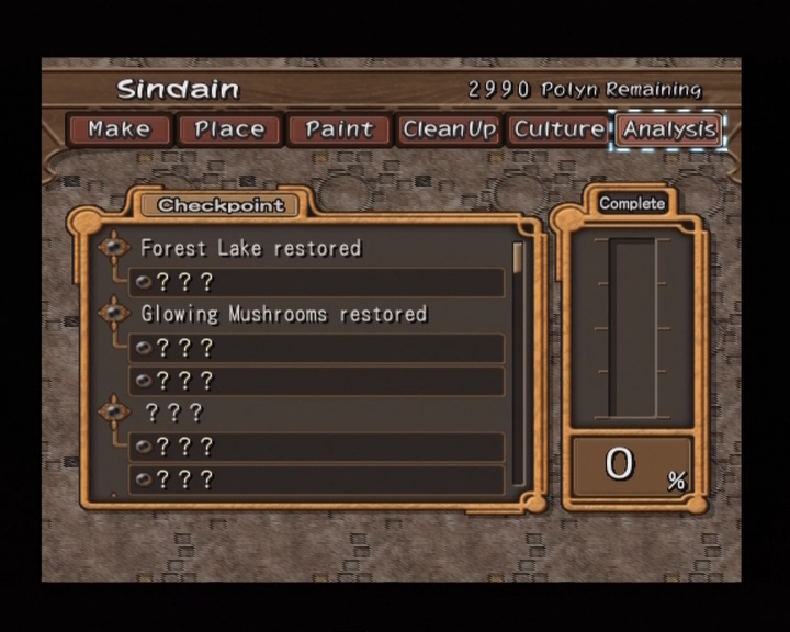Dark Cloud 2 (PlayStation 2) screenshot: Restoring Sindain, the checklist.