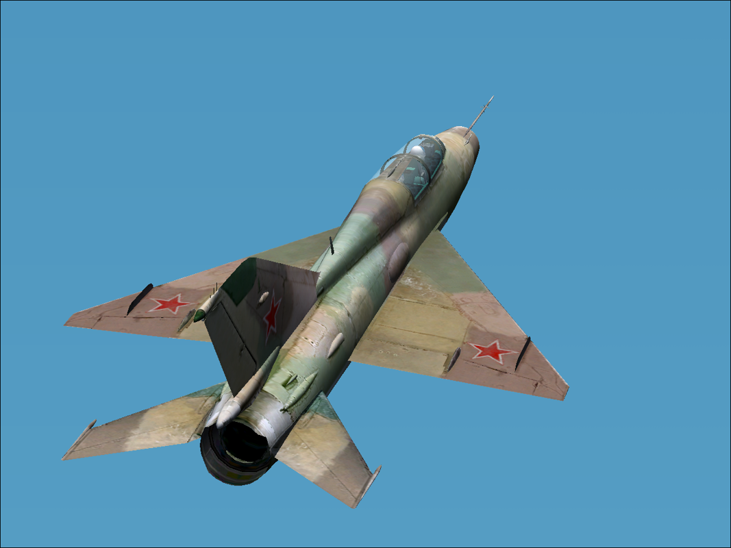 MiG-21 Interceptor (Windows) screenshot: Chase view of a Soviet MiG-21UM with camouflage paint