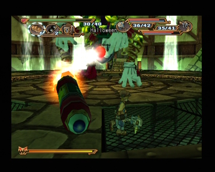 Dark Cloud 2 (PlayStation 2) screenshot: The explosion this oversized battery causes is enough to flatten a small apartment block.