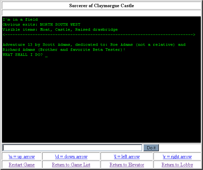 Sorcerer of Claymorgue Castle (Browser) screenshot: Starting location (ifiction.org release)