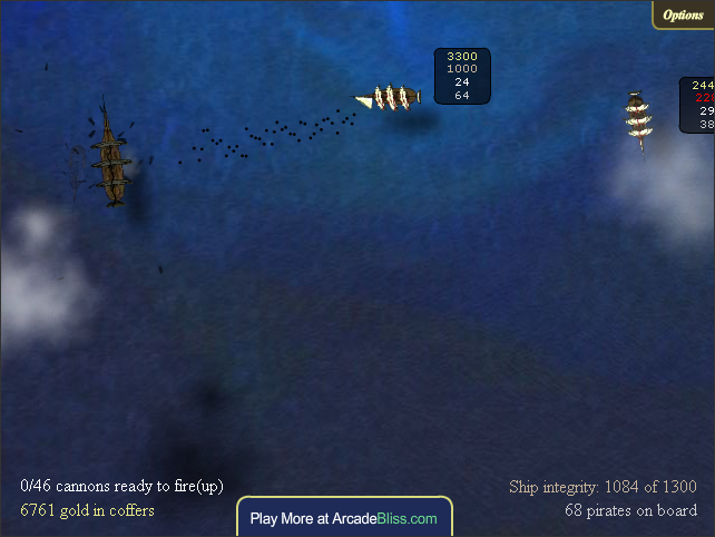 Treasure of Cutlass Reef (Browser) screenshot: Unloading all the cannons onto one ship. (Sadly, somehow I missed everyone, don't ask me how)