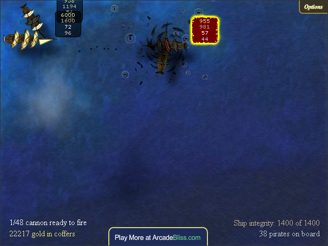 Treasure of Cutlass Reef (Browser) screenshot: Fighting off a rival pirate ship with one watching and the enemy flagship coming my way.