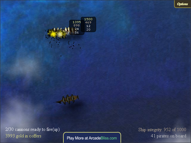Treasure of Cutlass Reef (Browser) screenshot: Tricking two ships, having one fire into the other.