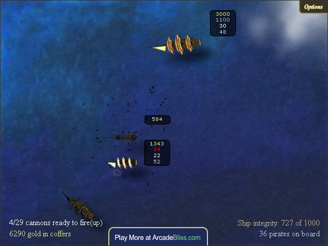 Treasure of Cutlass Reef (Browser) screenshot: The enemy flagship appearing.