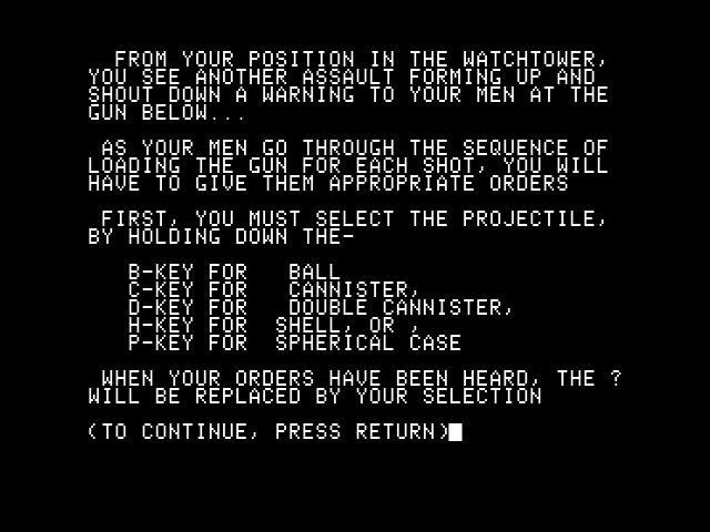Guns of Fort Defiance (Apple II) screenshot: Part of mission briefing (aka instructions)