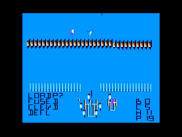 Guns of Fort Defiance (Apple II) screenshot: Higher level, more enemies approach.