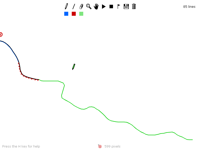 Line Rider (Browser) screenshot: Demonstrating the three line types: blue is solid, red moves you along, and green is just for show