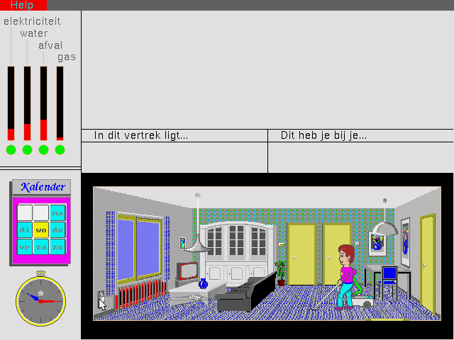 Thuis In Het Milieu (DOS) screenshot: Cleaning the living room.