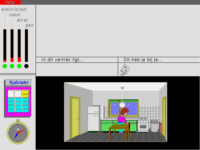 Thuis In Het Milieu (DOS) screenshot: Fixing a meal in the kitchen.