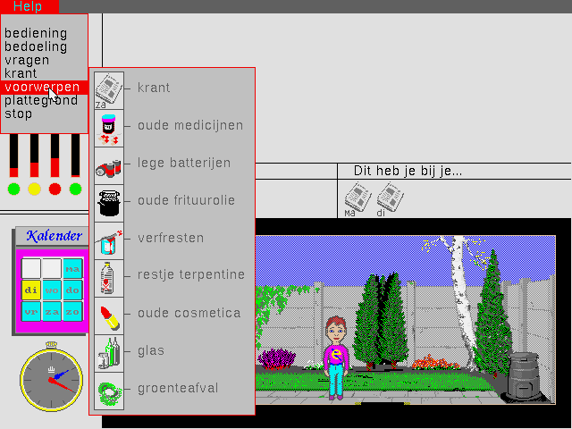 Thuis In Het Milieu (DOS) screenshot: Items that can be found in the game. Dispose of them in the right place or you are game over!
