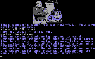 Fahrenheit 451 (Commodore 64) screenshot: The situation doesn't look good...