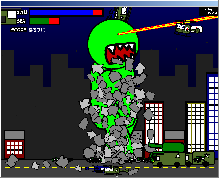 Crush! (Windows) screenshot: Destroying a building as I also fight their little tanks