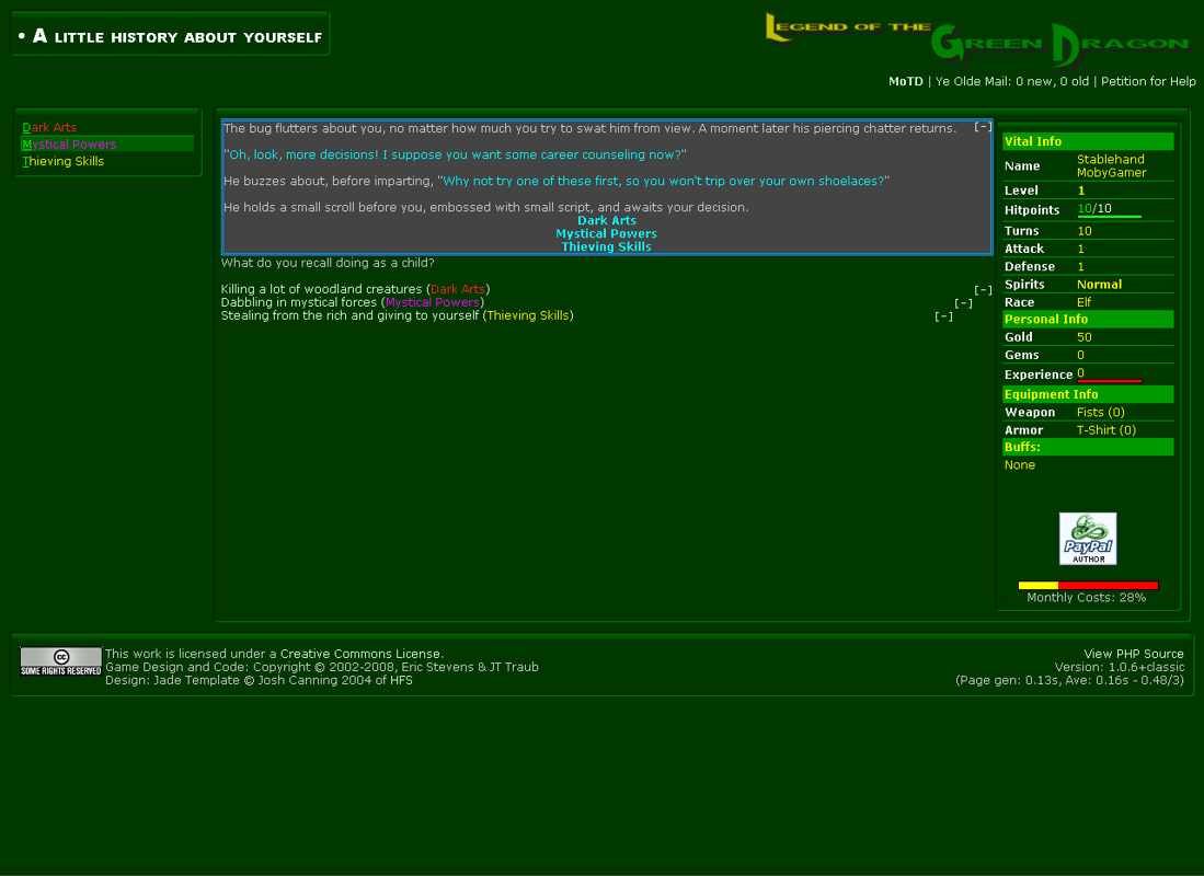 Legend of the Green Dragon (Browser) screenshot: Selecting a class