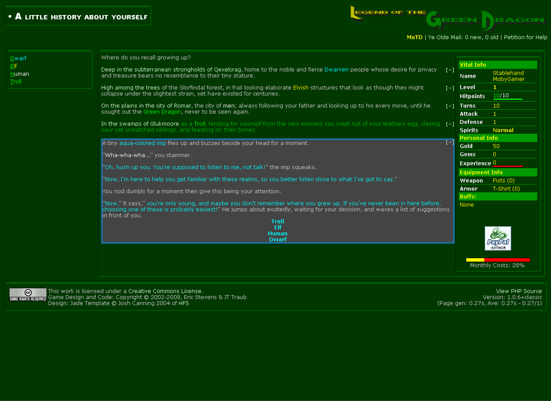 Legend of the Green Dragon (Browser) screenshot: Choosing a race with the help of Eibwen the tutorial imp.