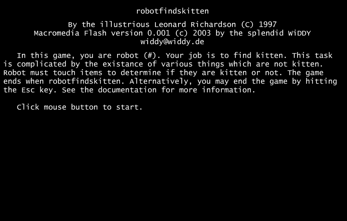 <small>robotfindskitten (Browser) screenshot:</small><br> Introduction (Flash version)