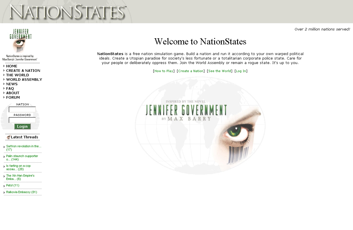 NationStates (Browser) screenshot: Start screen