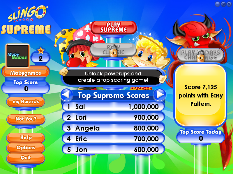 Slingo Supreme (Windows) screenshot: Main menu