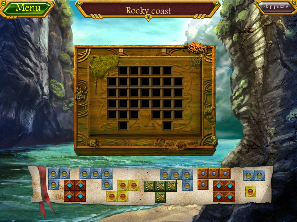 Arizona Rose and the Pirates' Riddles (Windows) screenshot: In this puzzle, I need to align the <moby game="Tetris" platform="Game Boy">Tetris-like</moby> pieces so they cover every space with none left over.
