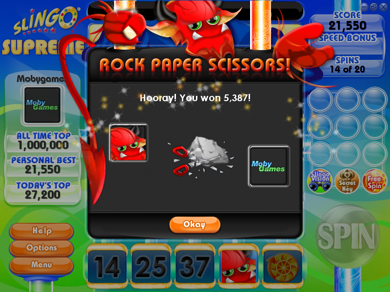 Slingo Supreme (Windows) screenshot: Rock won