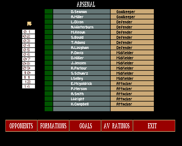 Soccer Team Manager (Amiga) screenshot: Team Arsenal
