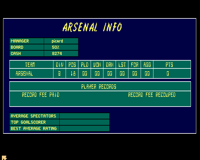 Soccer Team Manager (Amiga) screenshot: Team Arsenal Info