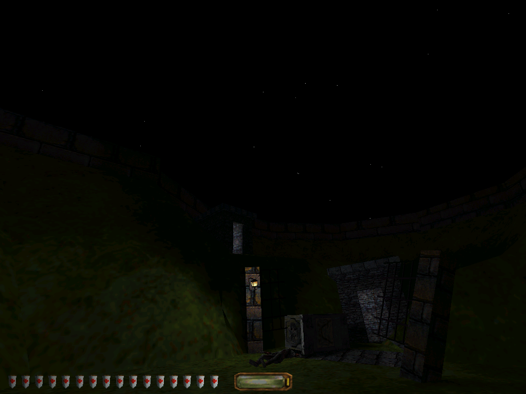 Thief: The Dark Project (Windows) screenshot: Outside the Hammer tombs...