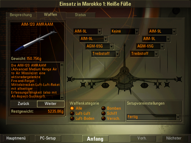 F-16 Aggressor (Windows) screenshot: Arm your F-16 with missiles, bombs and fuel tanks.