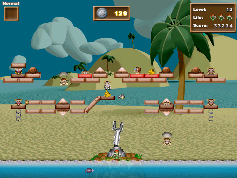 Cactus Bruce and the Corporate Monkeys (Windows) screenshot: The bird bouncing and knocking monkeys.