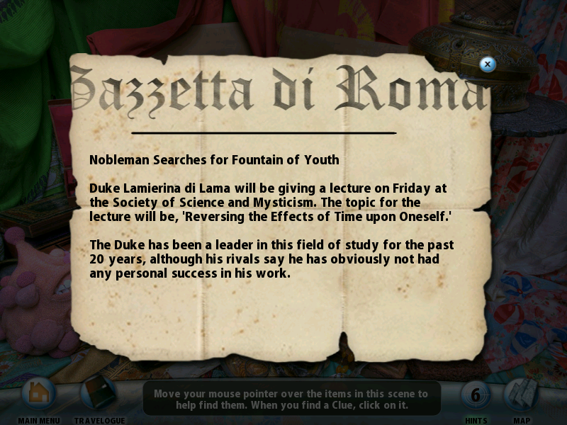 Rome: Curse of the Necklace (Windows) screenshot: A clue