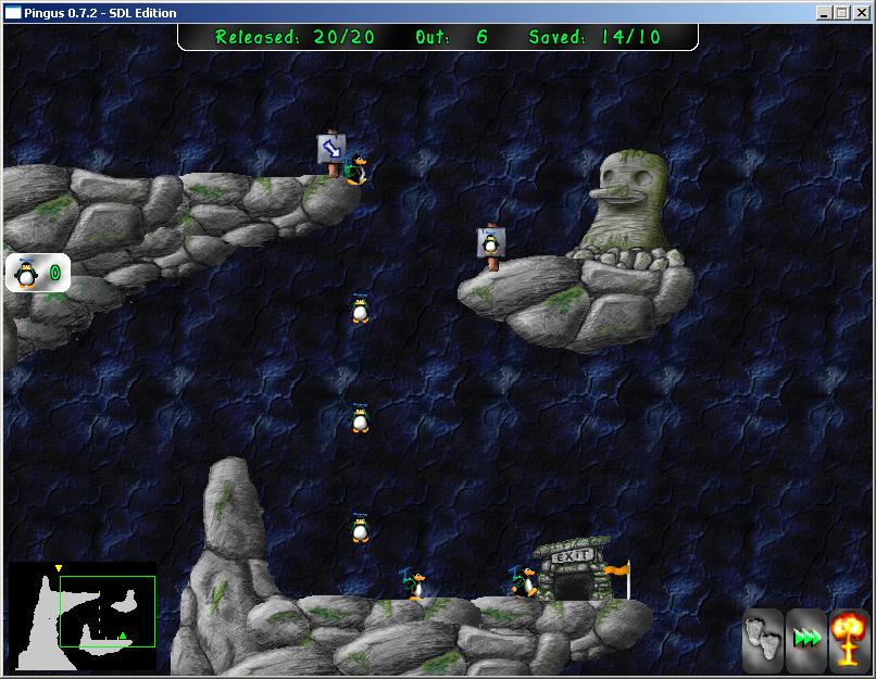 Pingus (Windows) screenshot: Floaters surviving a big drop and reaching a level exit