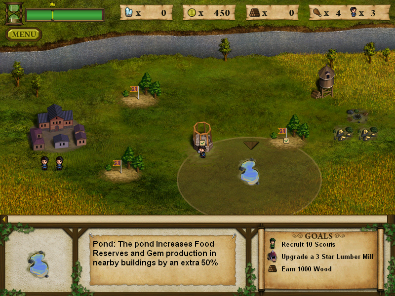 Forgotten Lands: First Colony (Windows) screenshot: The pond increases the production of near buildings.
