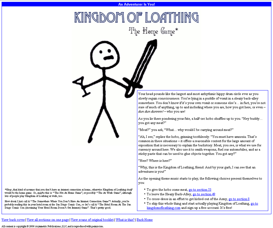 Kingdom of Loathing: The Home Game (Browser) screenshot: Title screen