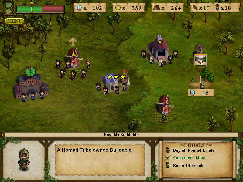 Forgotten Lands: First Colony (Windows) screenshot: The native tribes sell terrains and buildings.