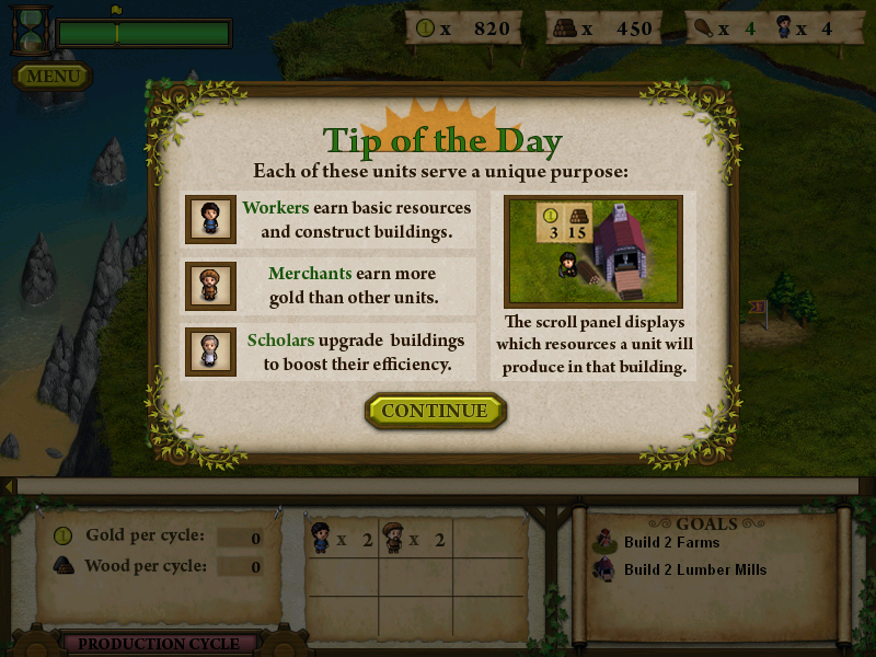 Forgotten Lands: First Colony (Windows) screenshot: Tip of the day