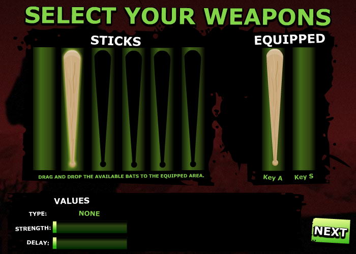 Zombie Baseball (Browser) screenshot: This is where you select your bats.
