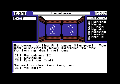Centauri Alliance (Commodore 64) screenshot: Choosing a location at a starport
