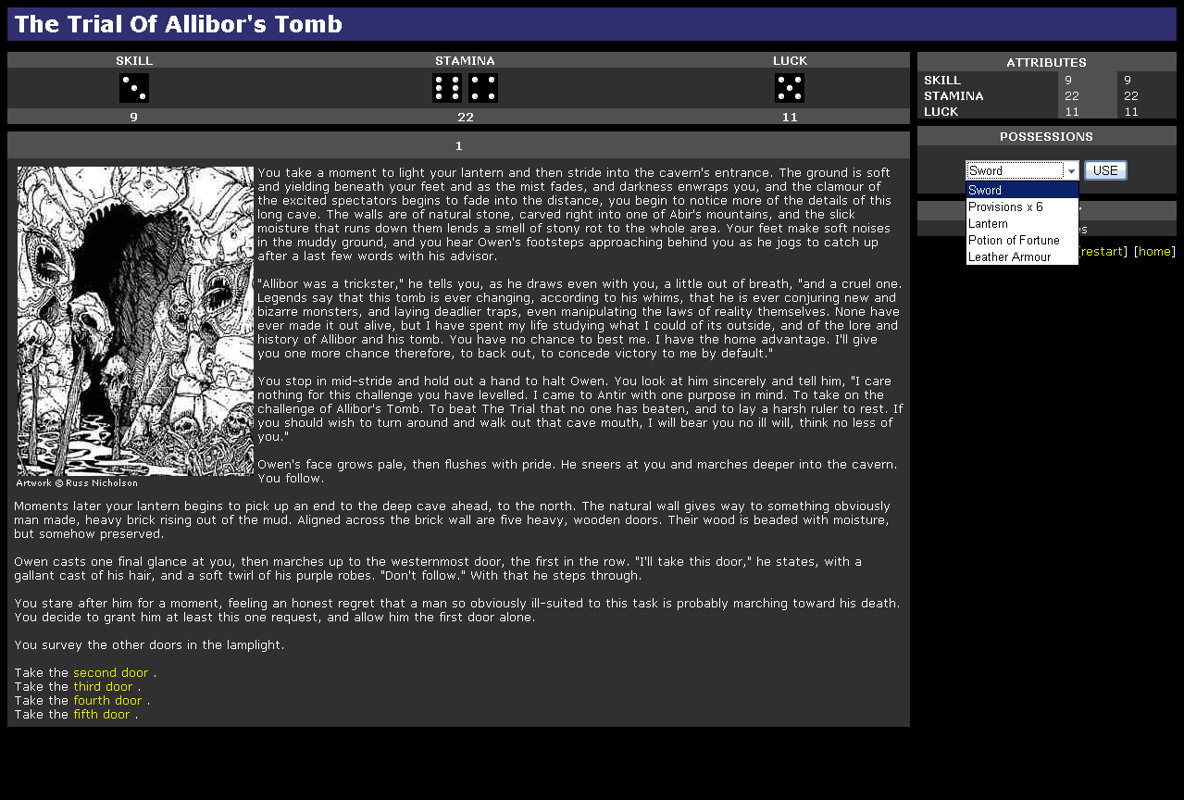 The Trial of Allibor's Tomb (Browser) screenshot: Starting location, scrutinizing my inventory in the illustrated area.