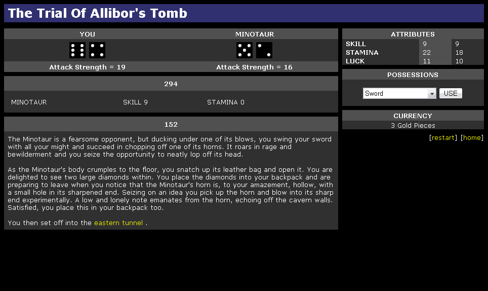 The Trial of Allibor's Tomb (Browser) screenshot: Winning a combat