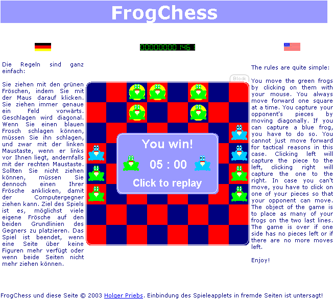 FrogChess (Browser) screenshot: Game over! I win!