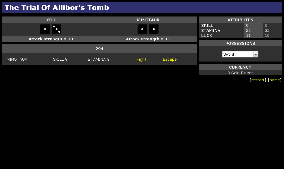 The Trial of Allibor's Tomb (Browser) screenshot: Entering a different combat. Look at those simulated dice!