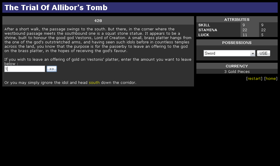 The Trial of Allibor's Tomb (Browser) screenshot: What use have we for money in the dungeon, after all?