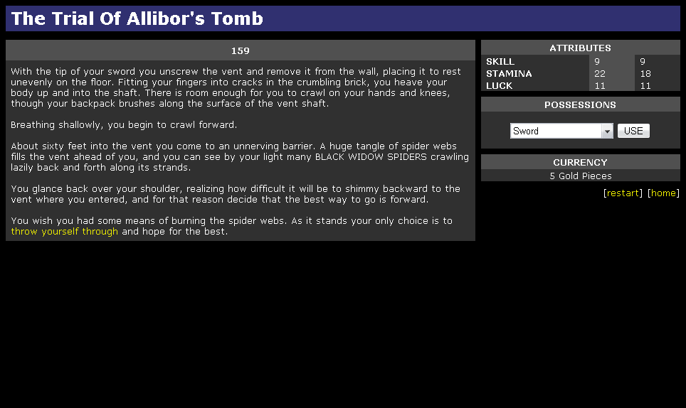 The Trial of Allibor's Tomb (Browser) screenshot: The end of the description suggests that if my inventory was a bit different, I might have other options than this decidedly second-class one.