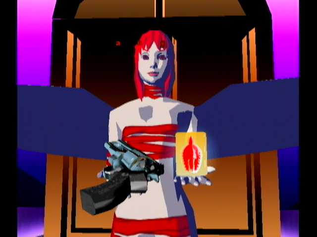 Killer7 (GameCube) screenshot: The fallen angel offers Dan a gun and a soul shell.