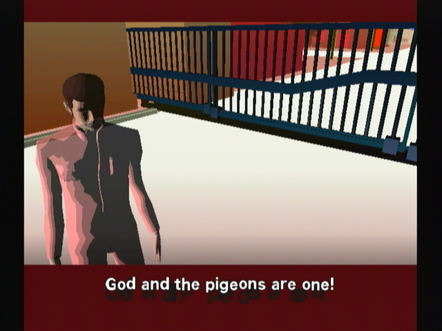 Killer7 (GameCube) screenshot: An unorthodox/orthodox statement.